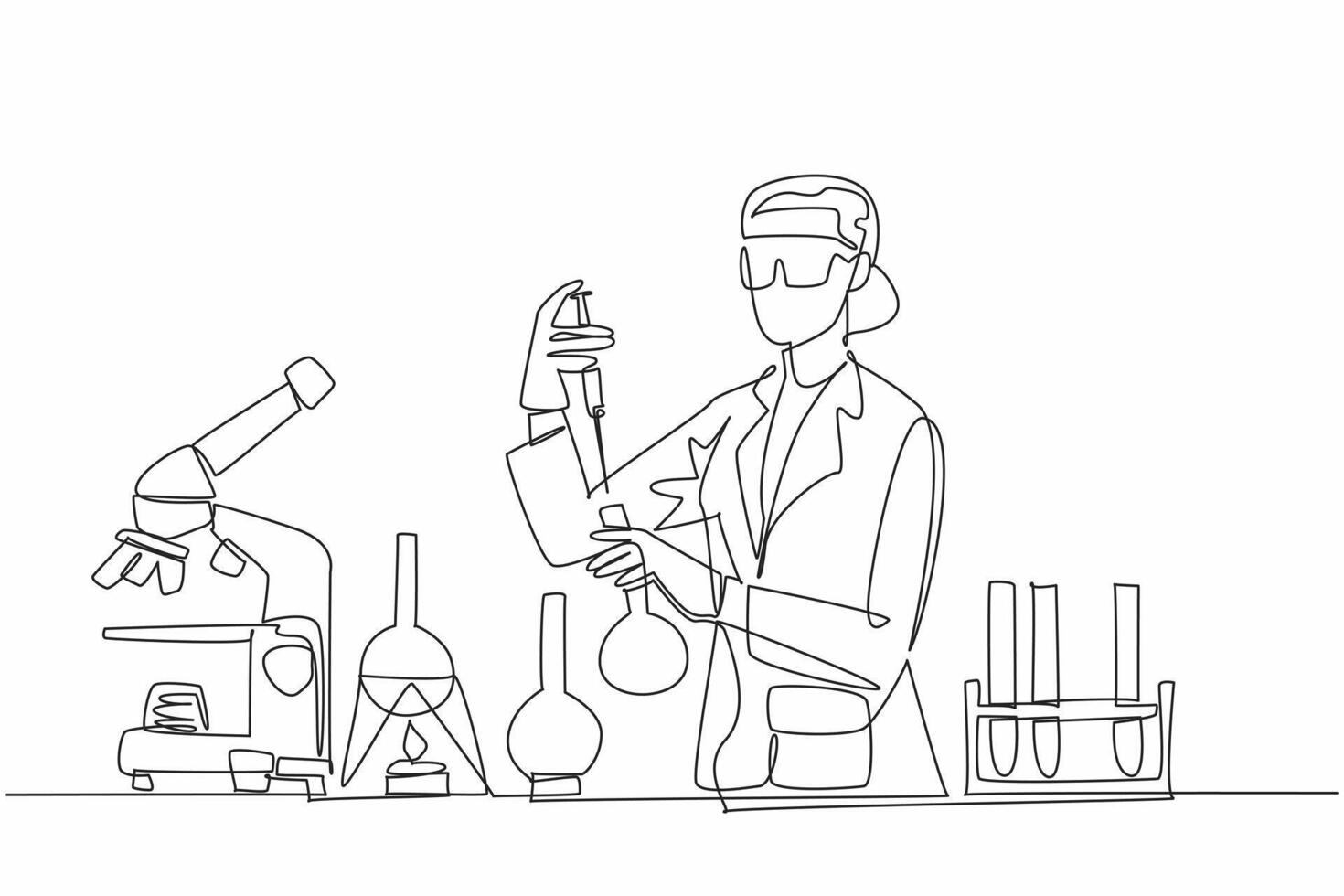 Single continuous line drawing a female scientist is conducting experiments in a laboratory. Holds a test tube and flask. Passion for science. Scientific discovery. One line design illustration vector