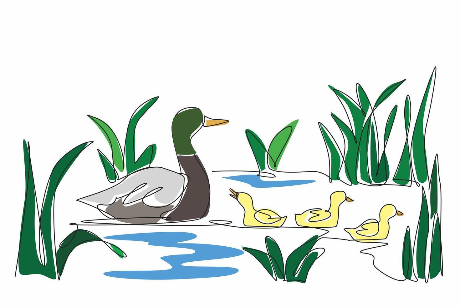 Single one line drawing a duckling family enjoying a peaceful day in a wetland. The importance of preserving vital ecosystems. Balance. World Wetlands Day. Continuous line design graphic illustration vector