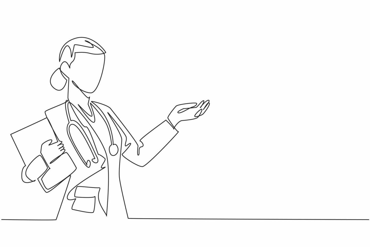 Continuous one line drawing a female doctor hold a clipboard and gesturing with her hand. Contributions of women in medical. National Women Physicians Day. Single line draw design illustration vector