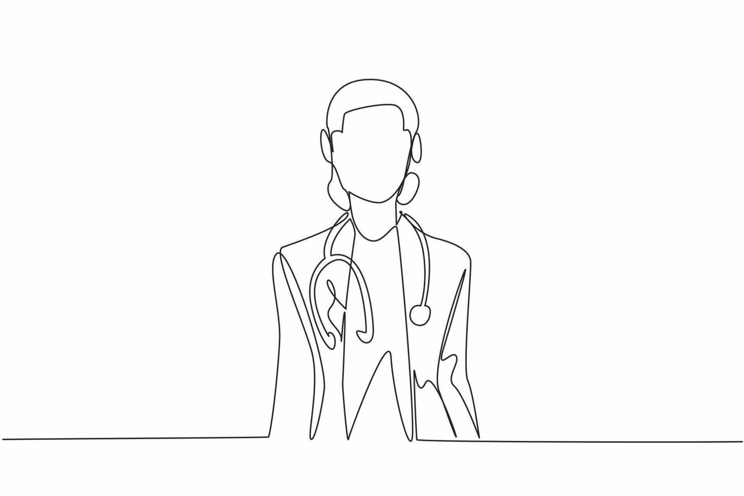 Continuous one line drawing a female doctor standing confidently with a stethoscope around neck. Professionalism. Expertise. National Women Physicians Day. Single line draw design illustration vector