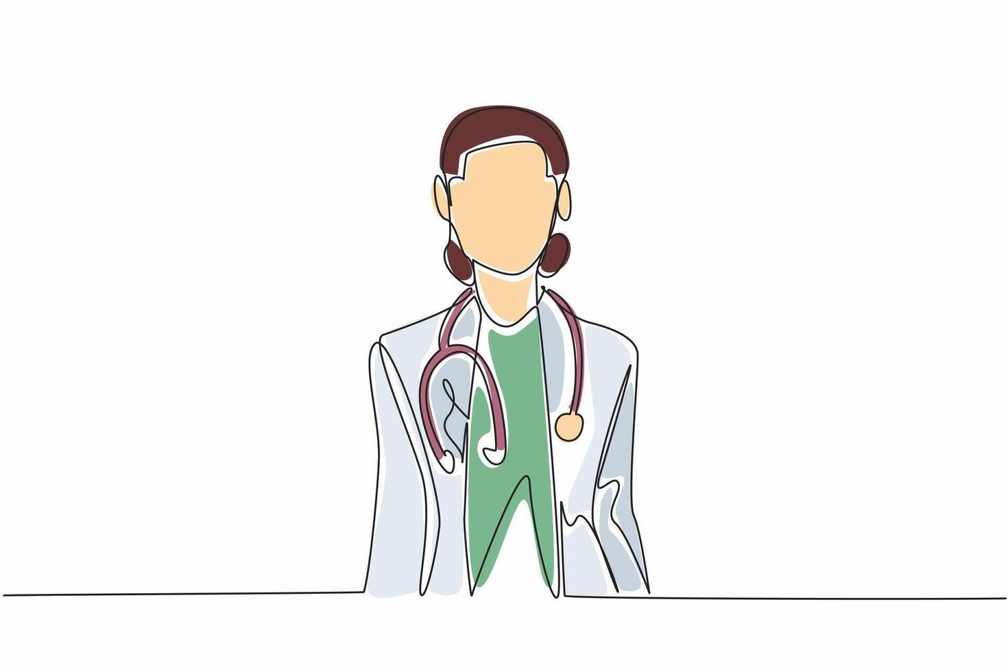 Continuous one line drawing a female doctor standing confidently with a stethoscope around neck. Professionalism. Expertise. National Women Physicians Day. Single line draw design illustration vector