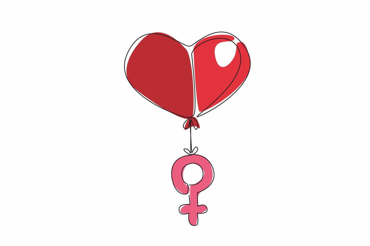 Continuous one line drawing heart-shaped balloon, floats above female gender symbol. Balloon represents love, care and compassion. National Wear Red Day. Single line draw design illustration vector