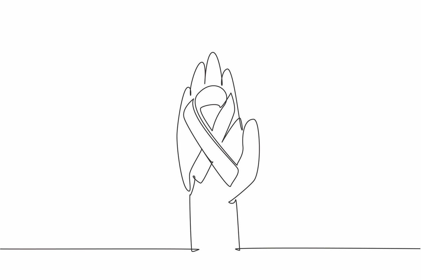 Single one line drawing one open palm has a ribbon forming cancer symbol. Symbol for helping each other. Positive activities for charity. World Cancer Day. Continuous line design graphic illustration vector