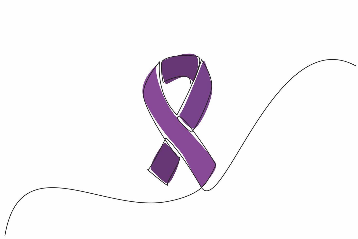 Single continuous line drawing a ribbon forms the cancer campaign symbol in purple. Symbol. Sign. Commemorating and inviting people to care more. World Cancer Day. One line design illustration vector