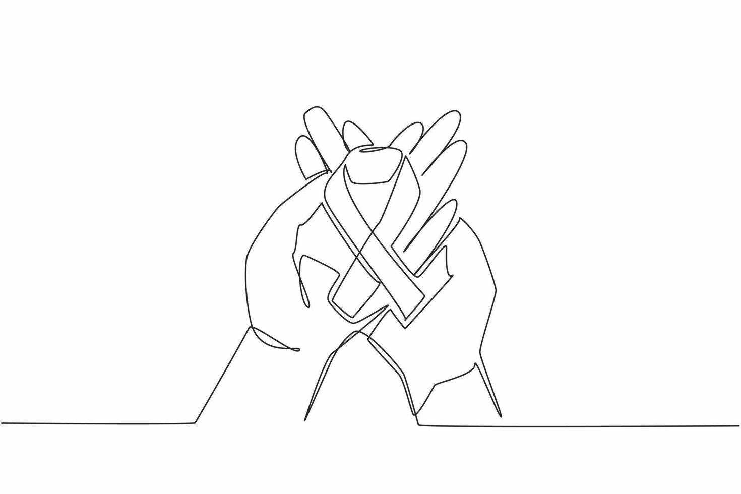 Single one line drawing ribbons form the cancer campaign symbol on both palms. Sign. Symbol requires more attention. Avoid cancer. Aware. World Cancer Day. Continuous line design graphic illustration vector