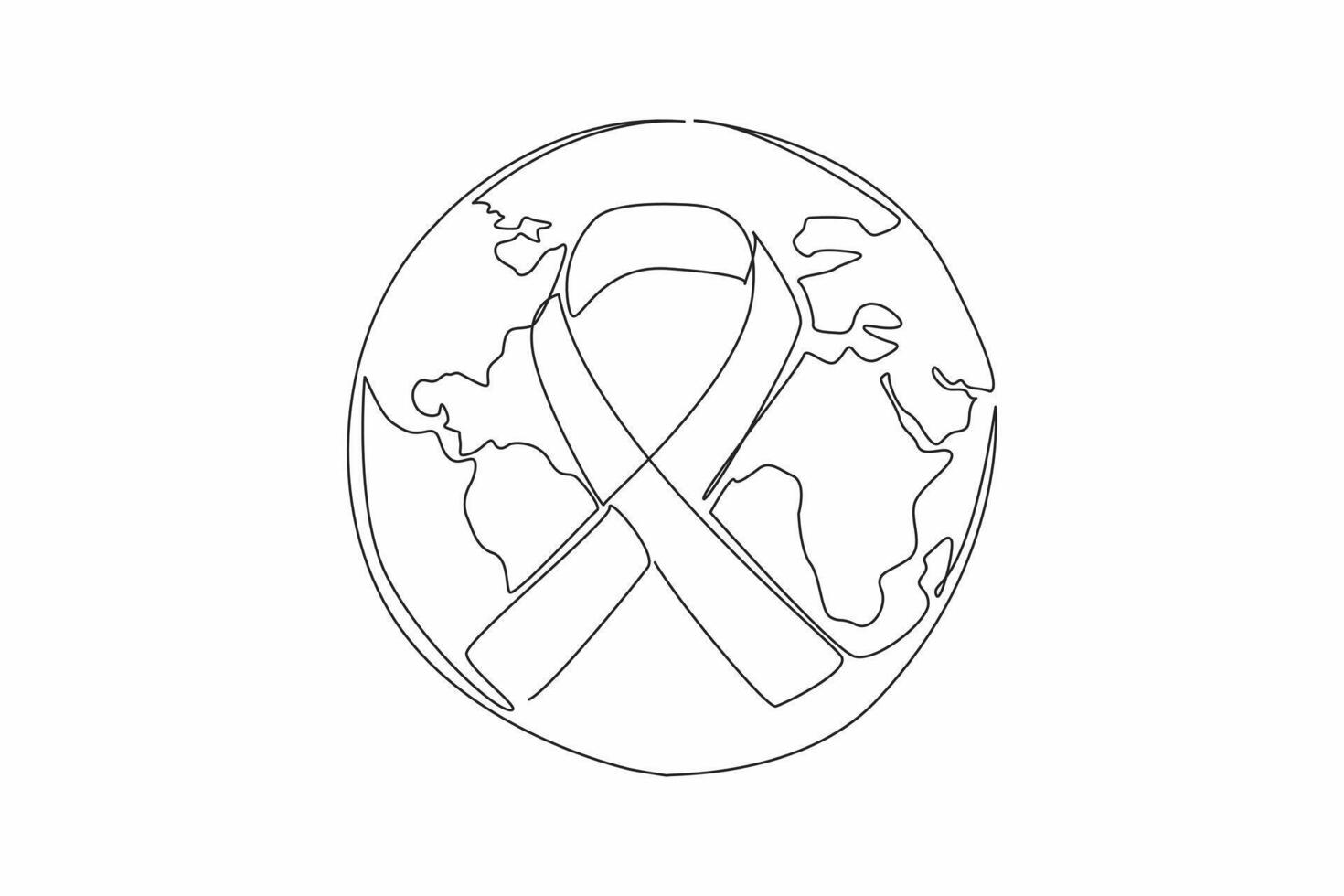 Continuous one line drawing ribbon forming cancer campaign symbol with a globe background. Cancer exists. Prevent early. Make world aware. World Cancer Day. Single line draw design illustration vector