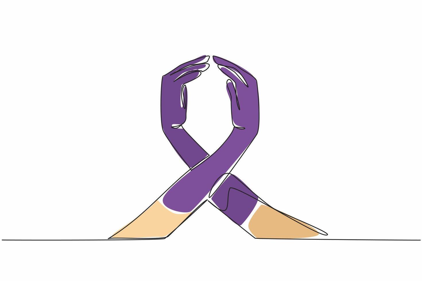 Single one line drawing two hands joined together to form the cancer campaign purple symbol. Cooperation invites more care. Awareness. World Cancer Day. Continuous line design graphic illustration vector