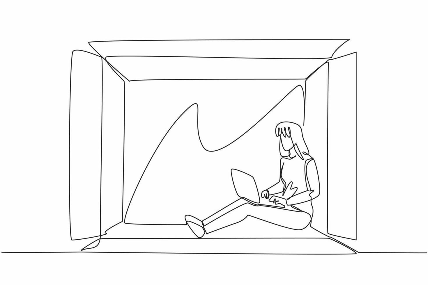 World Introvert Day. One continuous line drawing of young beautiful woman working, typing on laptop and sitting inside paper box. Lonely mental health problem. Single line art illustration vector