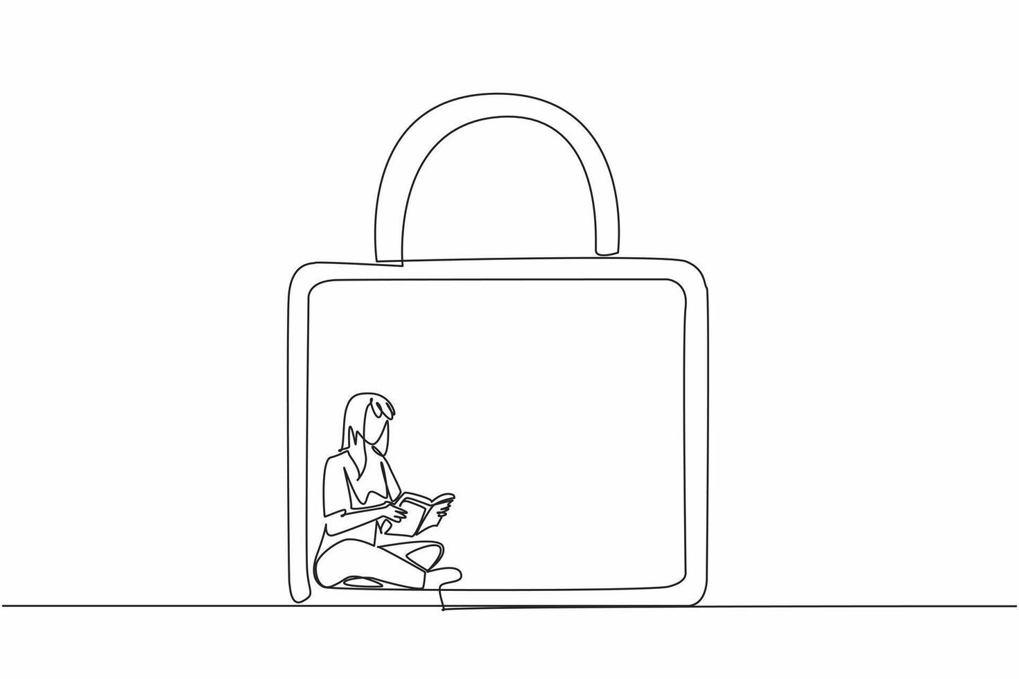Single one line of young lonely woman reading a biographical book inside of padlock. Sitting on floor. Feel insecure being outside of locked privacy room World Introvert Day. Mental health issue vector