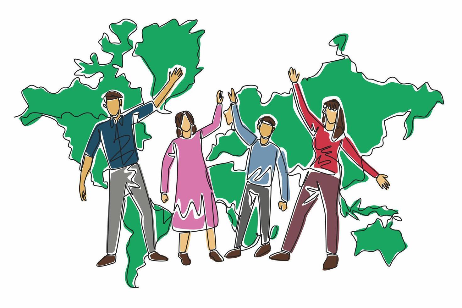 One continuous line drawing of cheerful family, mom, dad, son, daughter standing happily and rising their hands. Big world map on the wall behind. Global Family Day. International annual event vector