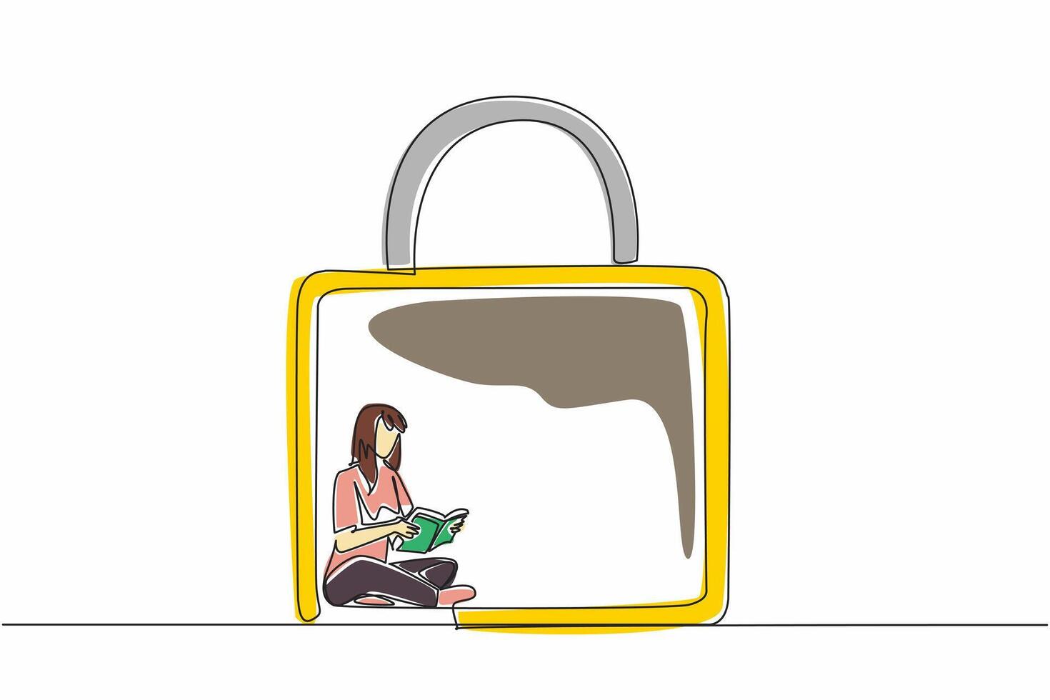 Single one line of young lonely woman reading a biographical book inside of padlock. Sitting on floor. Feel insecure being outside of locked privacy room World Introvert Day. Mental health issue vector