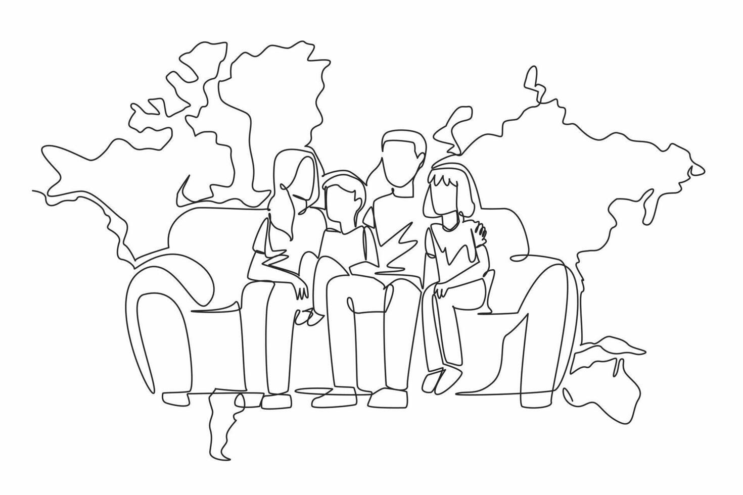 One single line drawing of mother, father, son and daughter sitting on modern sofa and talking together with big world map on the wall behind as background. Family time. Global Family Day vector