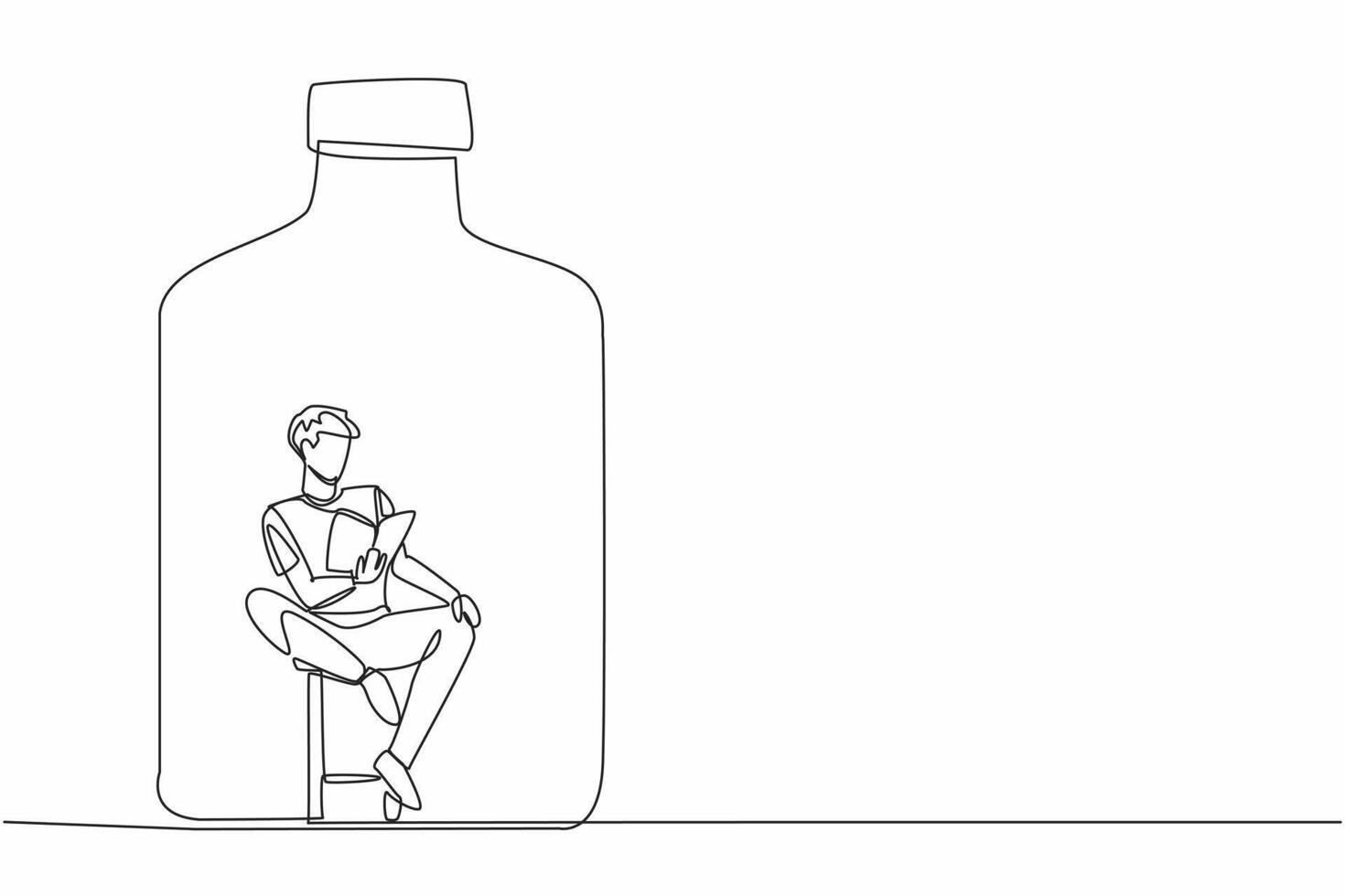 World Introvert Day. Single continuous line draw of handsome man sitting on chair and reading the story book inside of glass bottle. Human mental health. Communication difficulty. illustration vector
