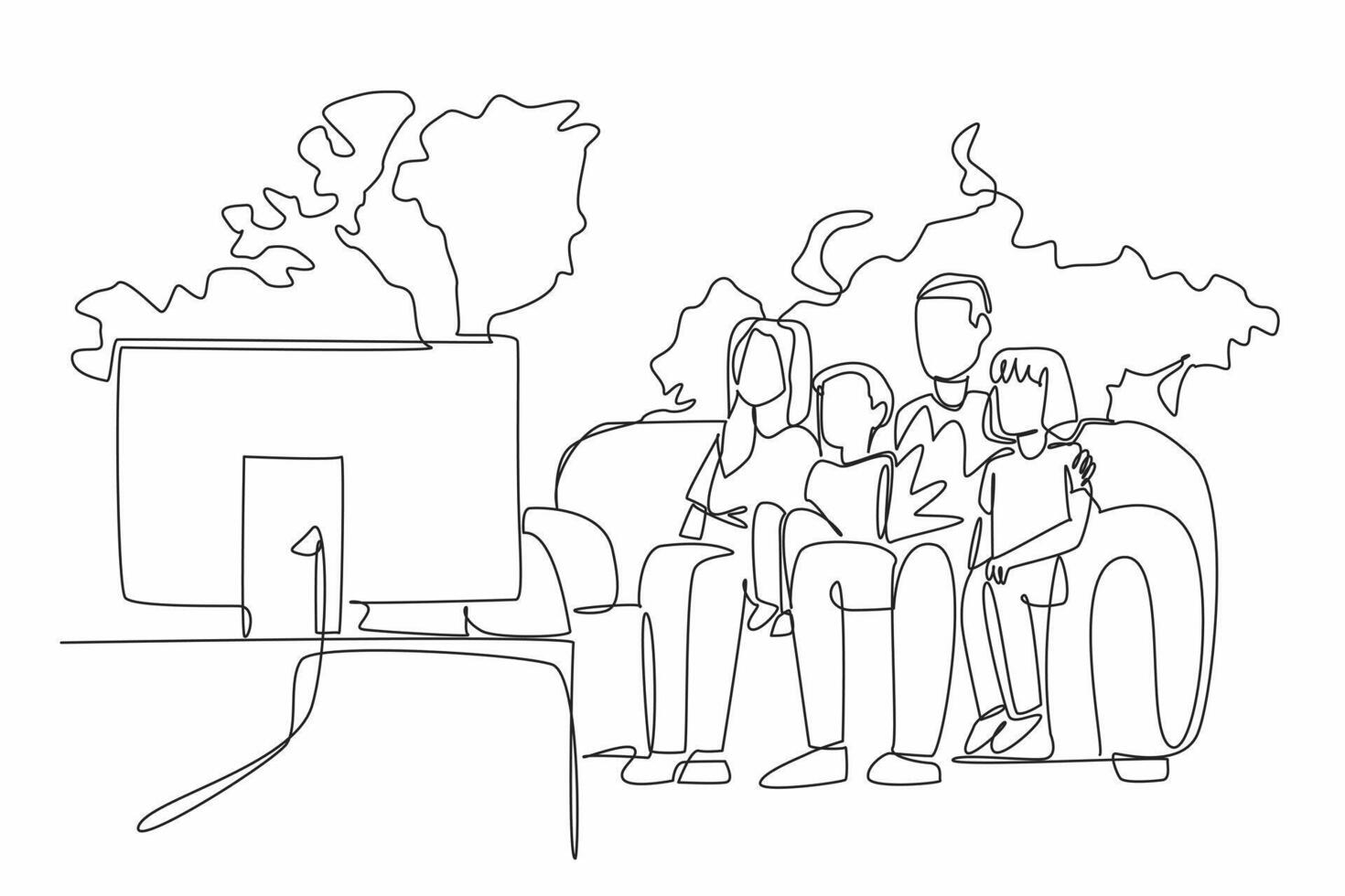 Single line drawing of happy family, father, mother, boy and girl sitting on comfy couch watching flat tv with big world map on the wall background. Global Family Day. International event to celebrate vector