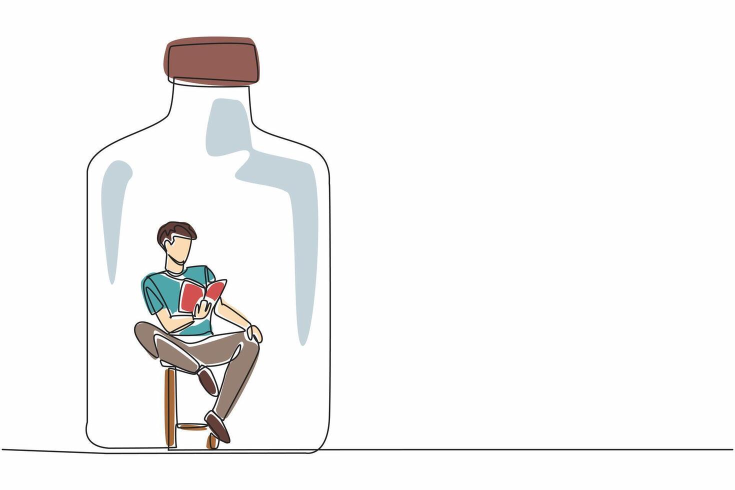 World Introvert Day. Single continuous line draw of handsome man sitting on chair and reading the story book inside of glass bottle. Human mental health. Communication difficulty. illustration vector