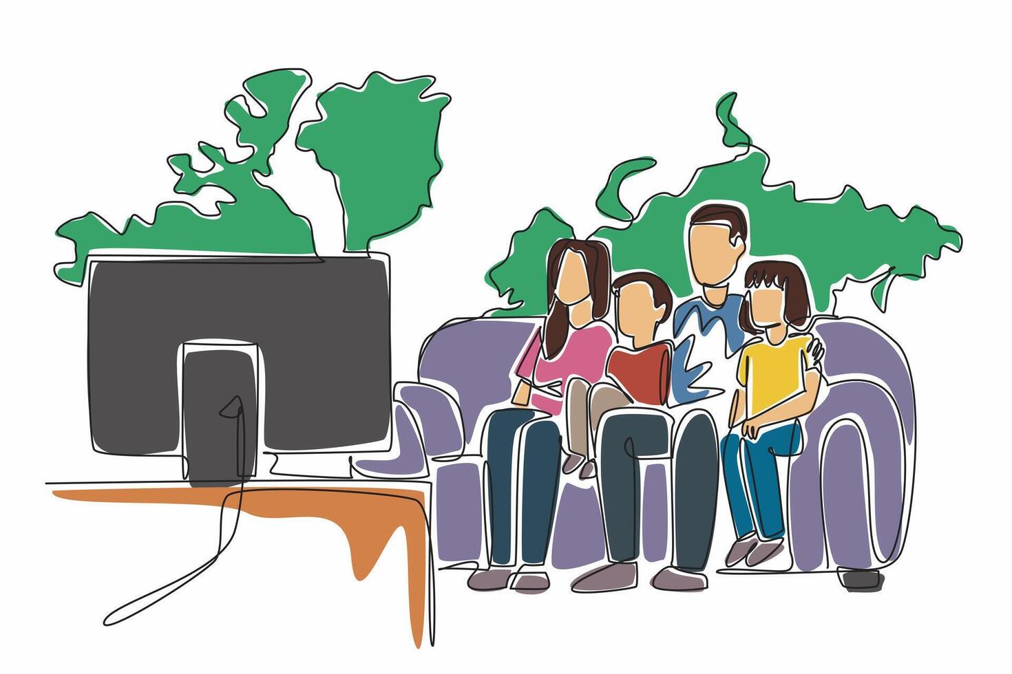 Single line drawing of happy family, father, mother, boy and girl sitting on comfy couch watching flat tv with big world map on the wall background. Global Family Day. International event to celebrate vector