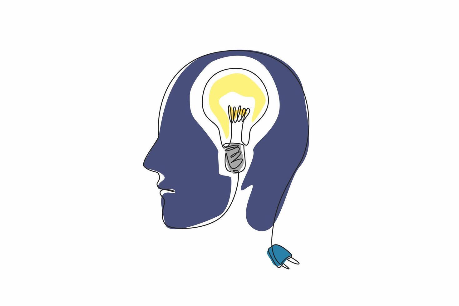 World Logic Day. Single one line drawing of human head made of wire cable with bulb lamp inside. Creative idea conceptual. New invention that com from critical thinking. Continuous line draw design vector