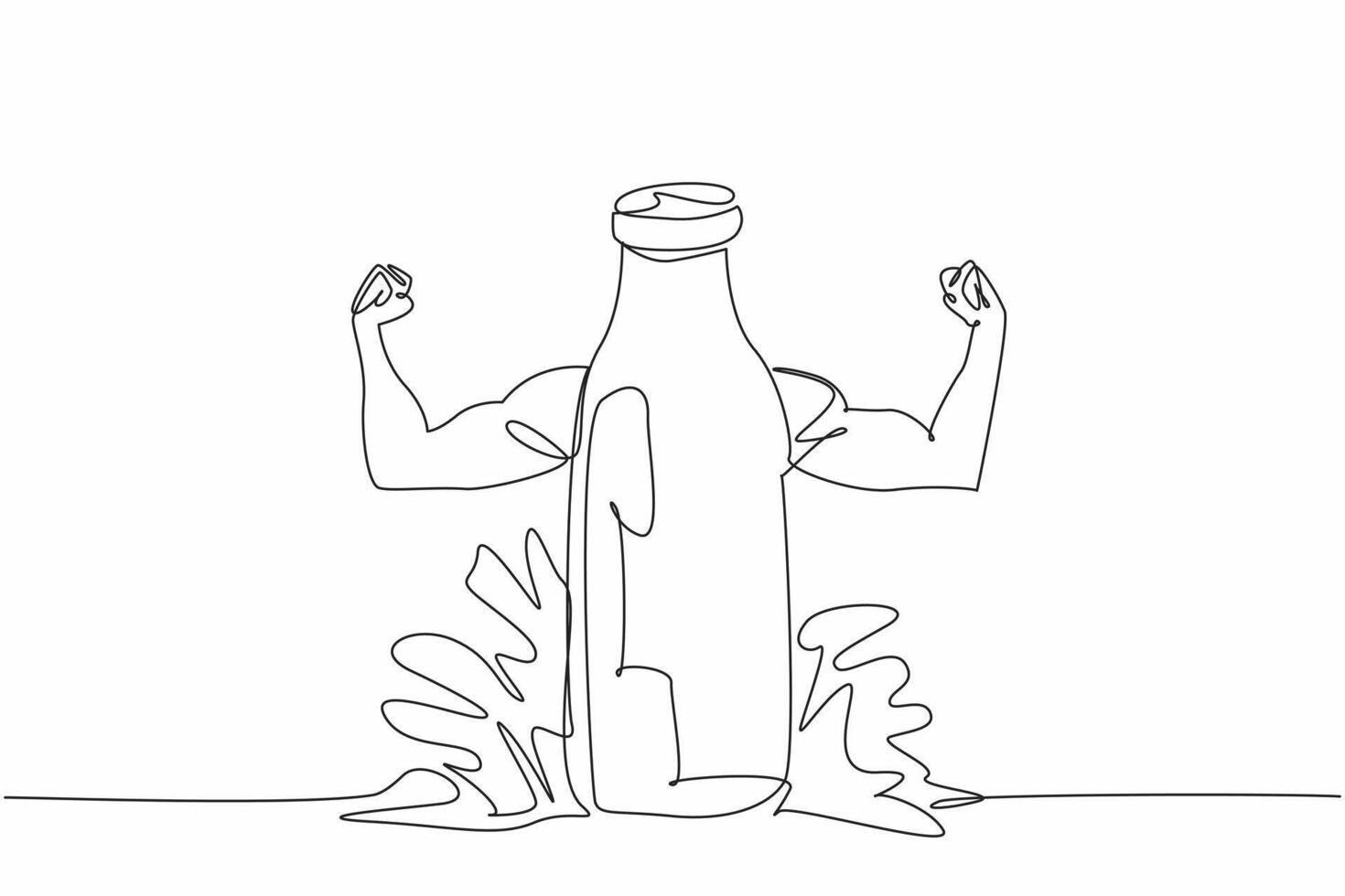 National Milk Day. One single line drawing of milk splash above bottle milk with strong muscular fist rising arms. Healthy and nutritious drink help to build your body. Continuous line art drawing vector
