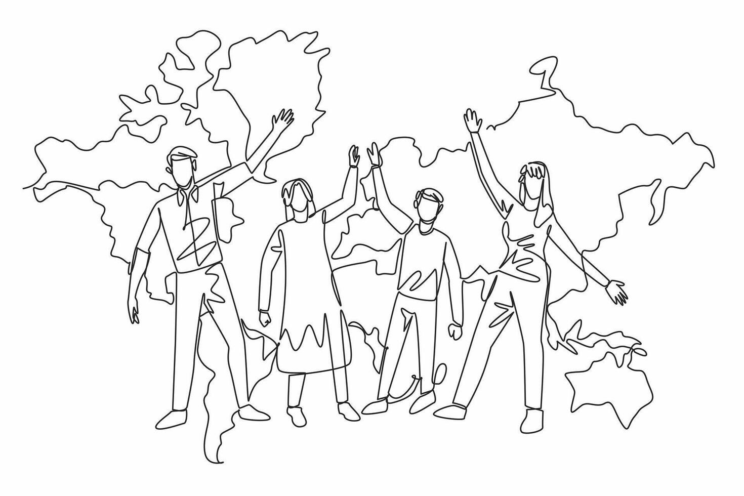 One continuous line drawing of cheerful family, mom, dad, son, daughter standing happily and rising their hands. Big world map on the wall behind. Global Family Day. International annual event vector