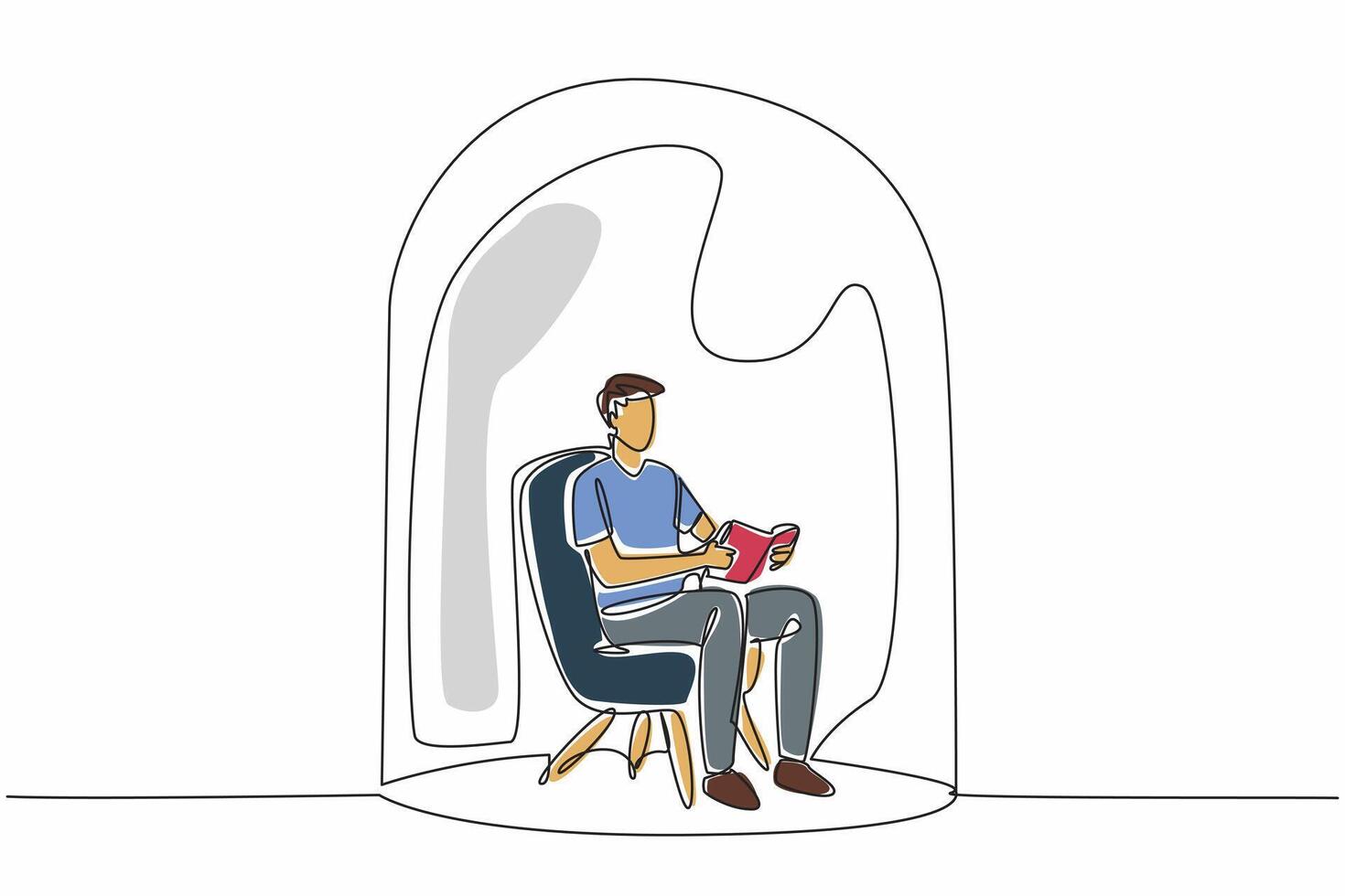 World Introvert Day. Continuous single line draw of young lonely man reading book while sitting on sofa chair inside glass dome. Loneliness guy looking for peace. Psychological problems, mental health vector