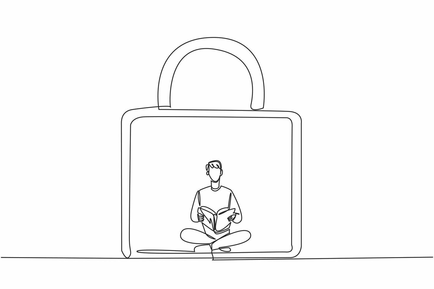 International World Introvert Day. One continuous line drawing of young solitude man sitting on the floor and reading a novel book inside secure padlock. Comfort zone concept. Psychological problem vector