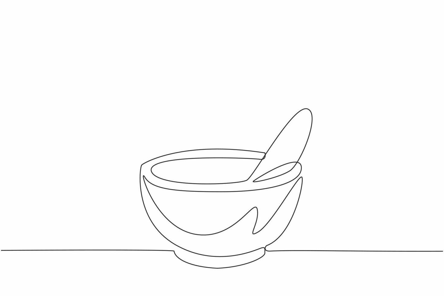 One continuous line drawing of ceramic mortar and pestle for grinding pill and tablet to turn into capsule. National Pharmacist Day. Mixing medicine at drug store concept. vector
