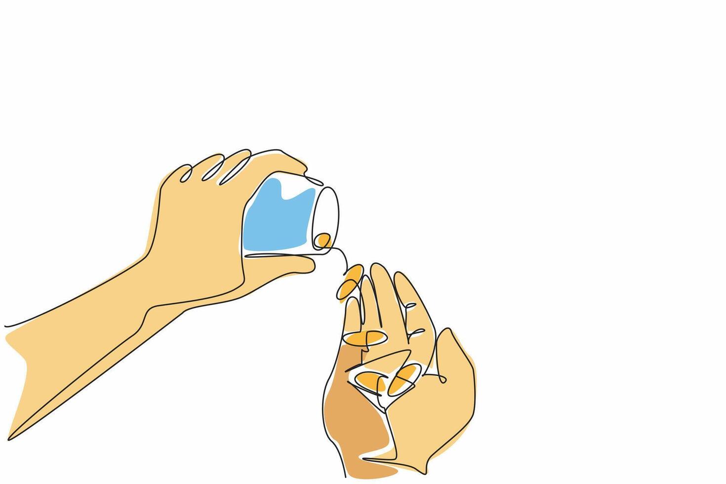 Single continuous line drawing of person pouring supplement tablet from tube into the hand. Medical treatment to cure illness. National Pharmacist Day. Medicine consumption by hospital patient vector