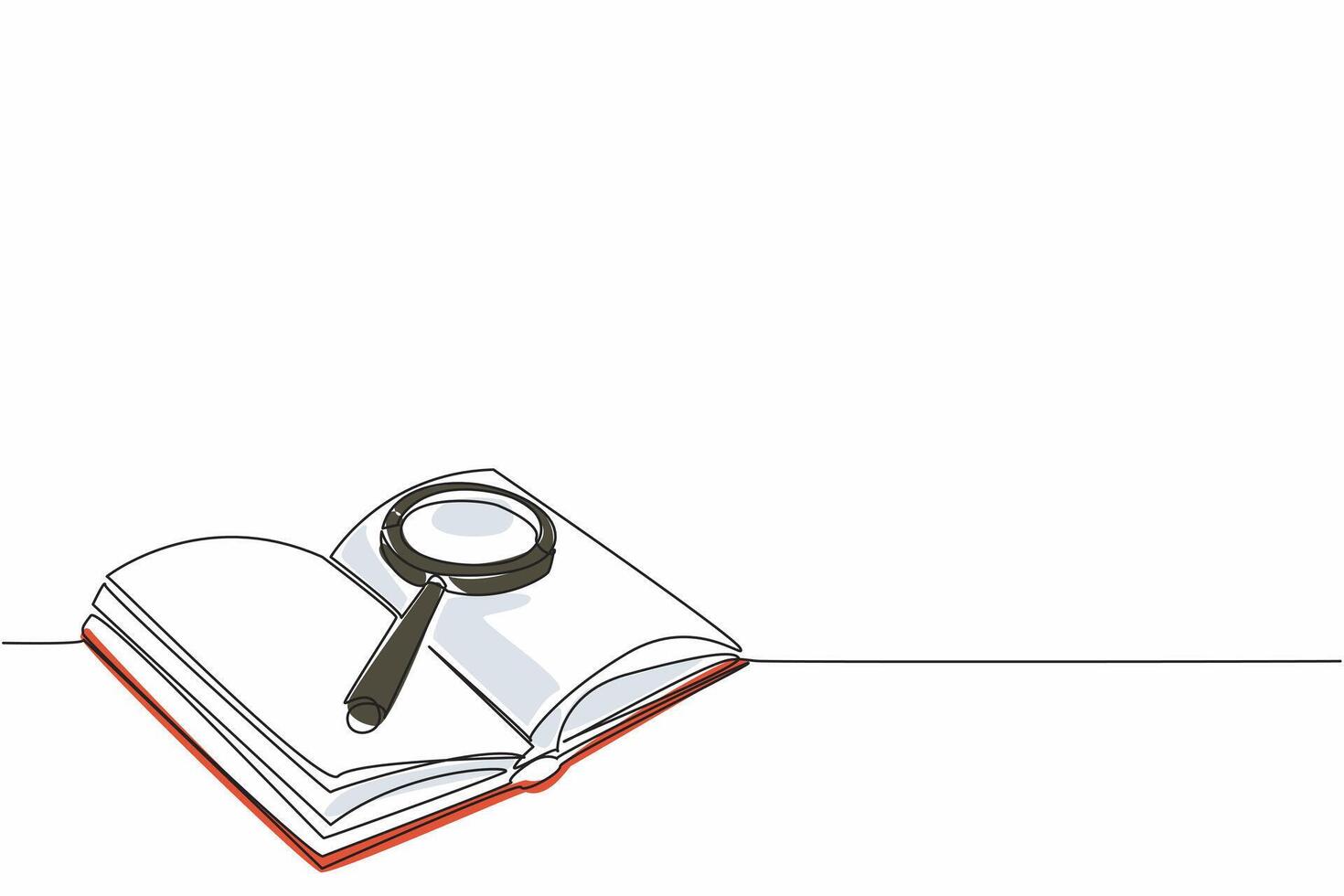 Happy National Thesaurus Day. One continuous line drawing of opened book full of important information with magnifying glass laying above it. College lesson textbook concept. Single line draw design vector