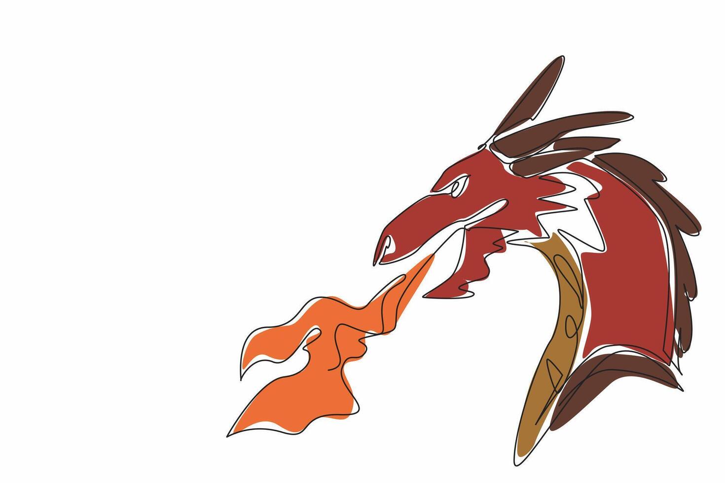 Continuous single line drawing of scary looked dragon head fire breathing. Flammable heat breath. Wild ancient creature of Chinese folklore legend. Appreciate a Dragon Day. Annual celebration event vector
