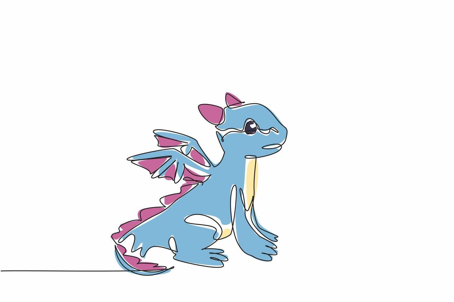 Continuous single line drawing of cute baby dragon standing on the ground. Adorable fairytale cartoon character. Illustration for kids story book. Appreciate a Dragon Day. art graphic design vector