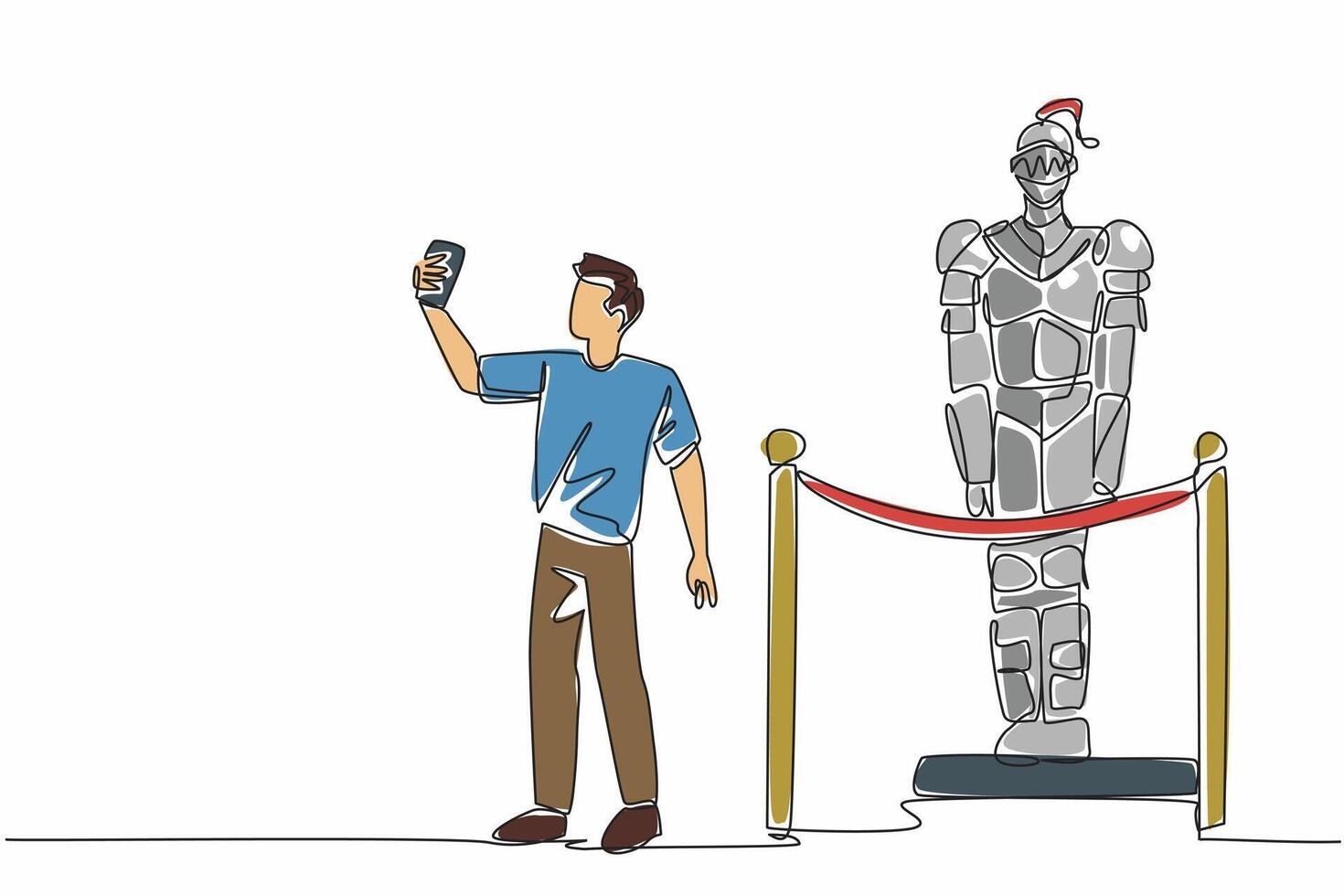 Museum Selfie Day. One single line drawing of young man museum visitor taking selfie with original medieval guard in steel knight armor by smartphone camera at historic exhibition hall vector