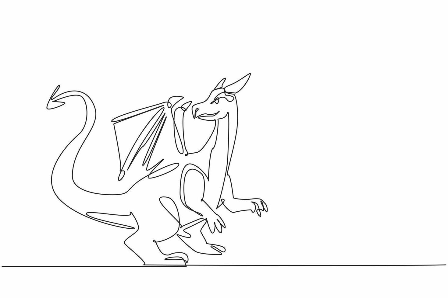 One single line drawing of giant cute dragon creature turned around its head looked back. Giant legendary monster with big tail and wings. Animal character in fairytale story. Appreciate a Dragon Day vector