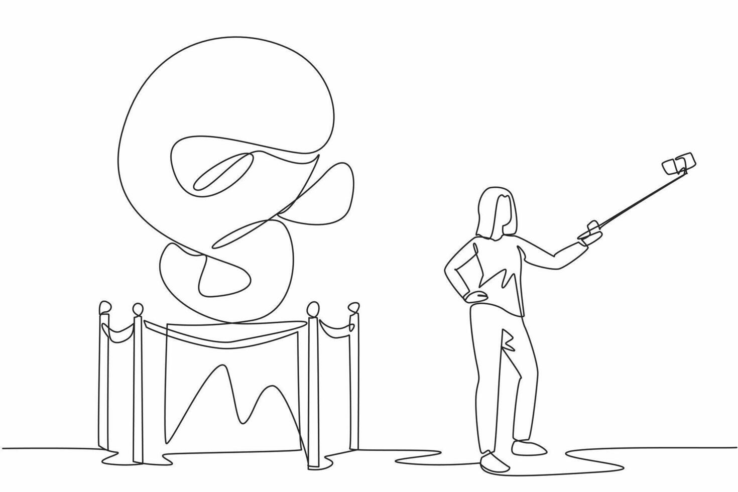 Single continuous line drawing of young beautiful woman museum visitor taking selfie with unique form, antique and historical sculpture by smartphone camera embedded to stick. Museum Selfie Day vector
