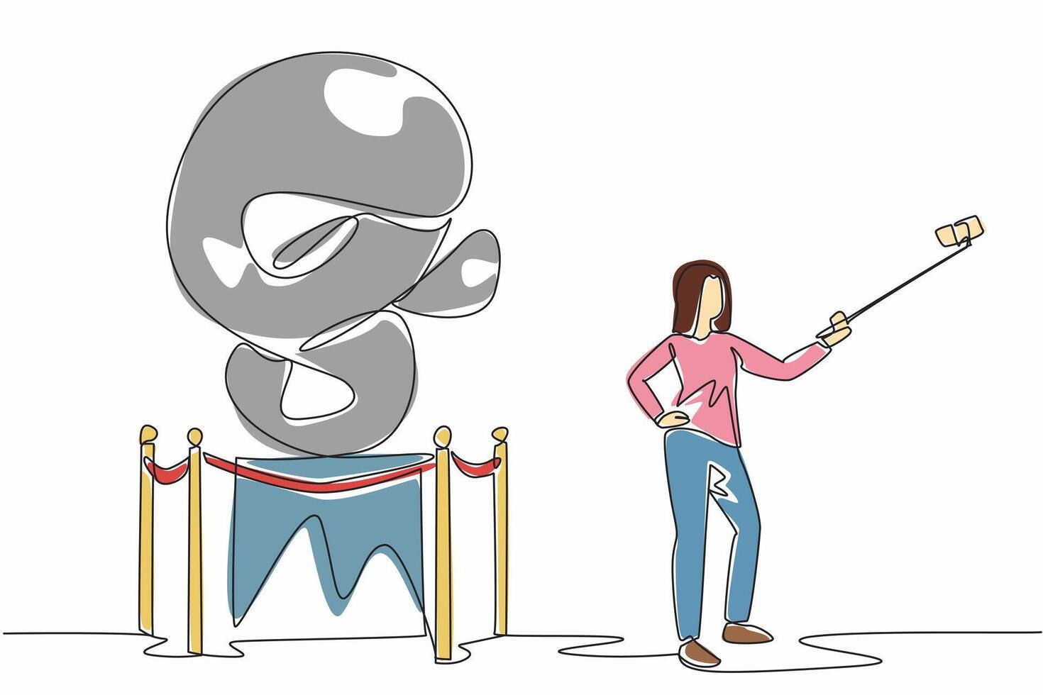 Single continuous line drawing of young beautiful woman museum visitor taking selfie with unique form, antique and historical sculpture by smartphone camera embedded to stick. Museum Selfie Day vector