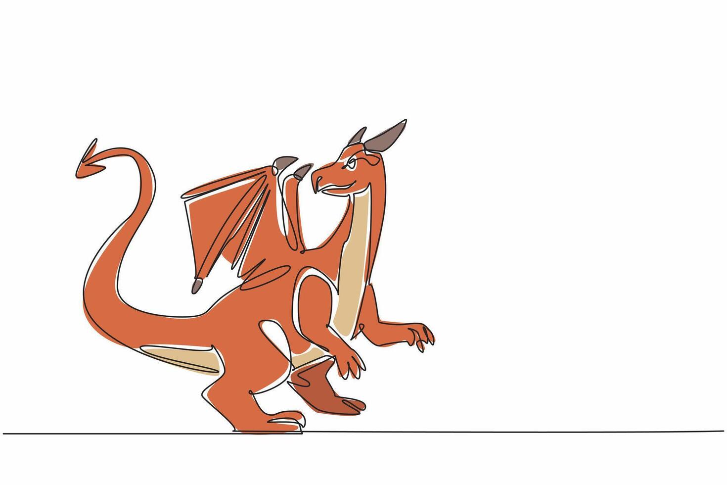 One single line drawing of giant cute dragon creature turned around its head looked back. Giant legendary monster with big tail and wings. Animal character in fairytale story. Appreciate a Dragon Day vector