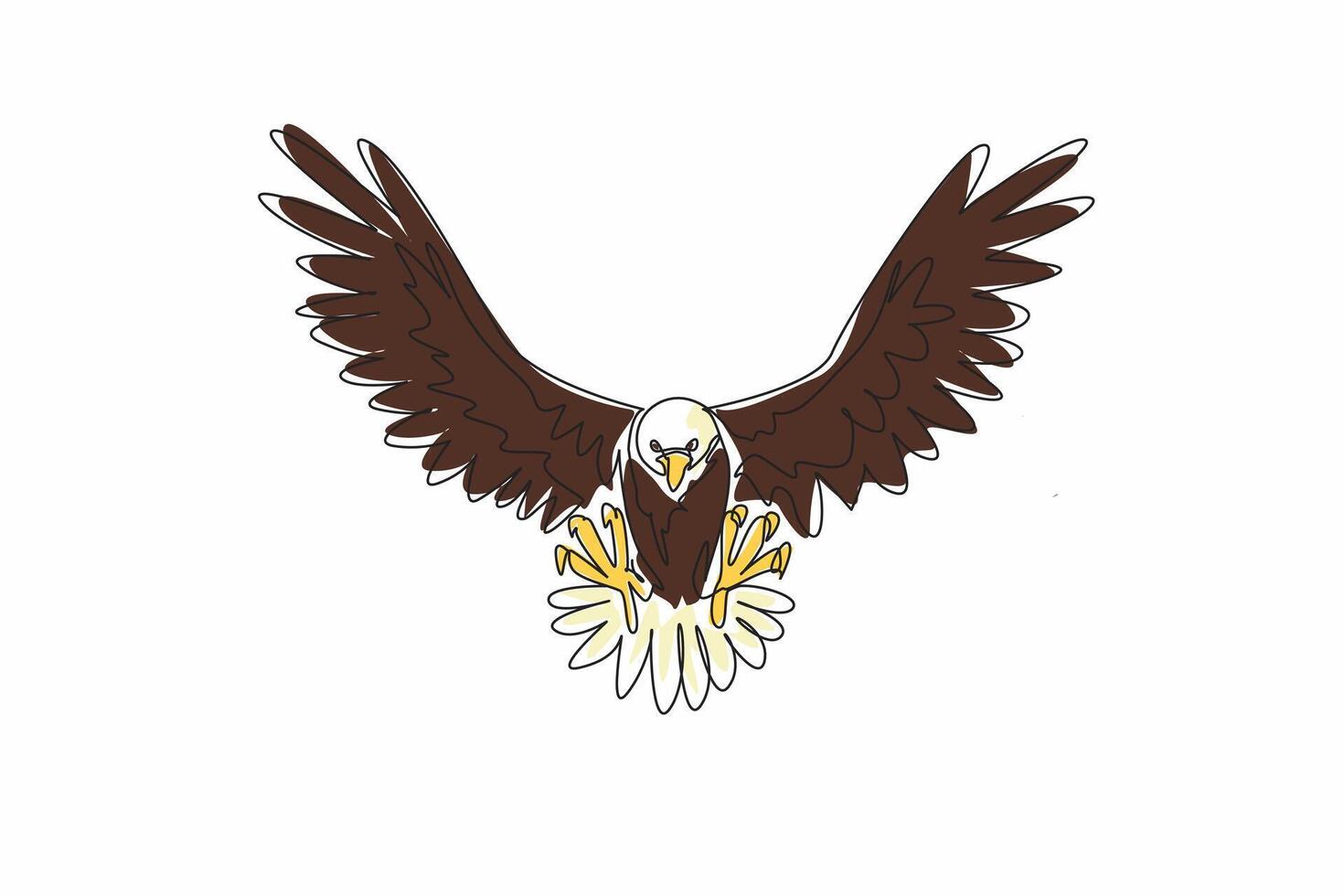 National Bird Day. One continuous line drawing of strong bald eagle posing ready to fly attack its prey. Wide open its feather wings. Template for poster, banner, flyer, background. graphic vector
