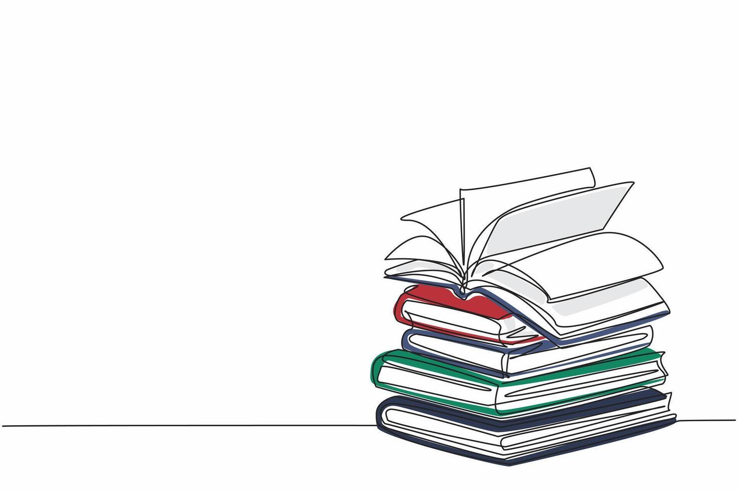 National Thesaurus Day. One single line stack of books with open page book above it. High educational concept. Continuous line draw graphic illustration artwork vector