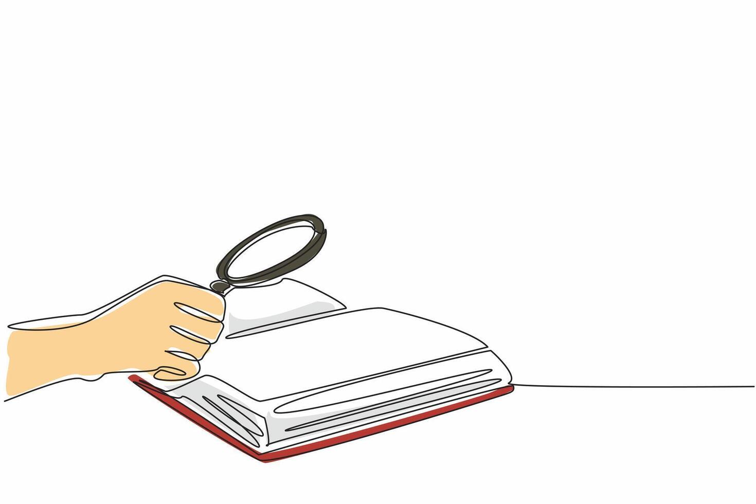 National Thesaurus Day. Single continuous line drawing person hand holding magnifier glass and searching significant information from opened old script book. Digging knowledge from the source concept vector