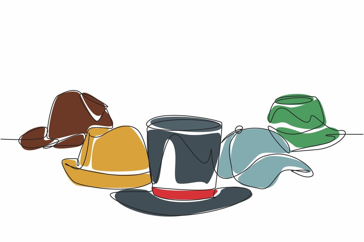 National Hat Day. Annual celebration event. One single line drawing of various type of caps lined up. Formal, relax, casual, and classic hats version. Fashionable headgear concept. art design vector