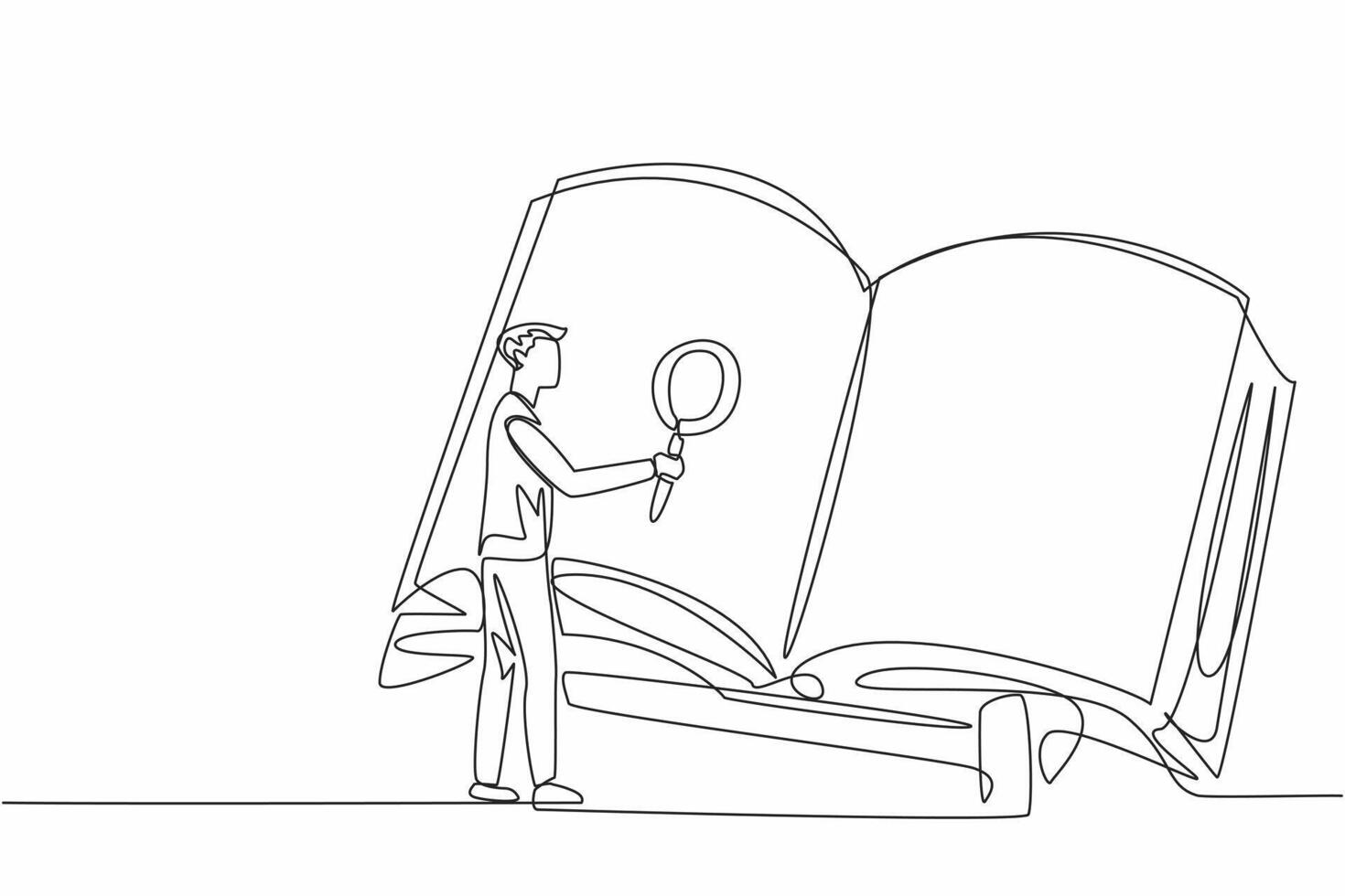 National Thesaurus Day. Annual celebration event. One single line drawing of young intelligence man holding magnifying glass to search information from giant book. Knowledge discovery concept vector