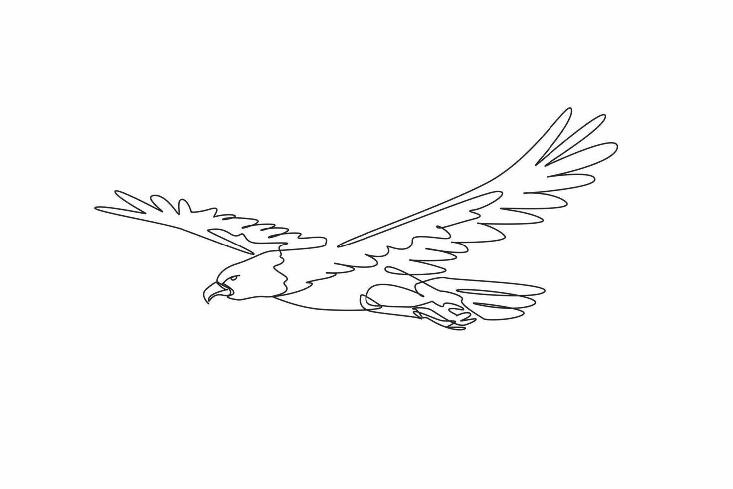 Single one line drawing of dashing bald eagle bird fly in the sky stretching its wide wings freely. Mascot of United States of America. National Bird Day. Annual international celebration event vector