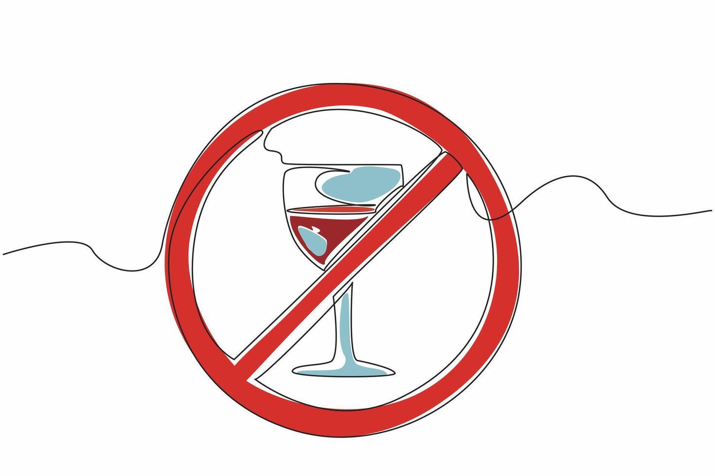 Continuous line drawing of forbidden glass of wine. Dry January abstain alcohol campaign month. Say stop and no to alcohol for self and public health vector