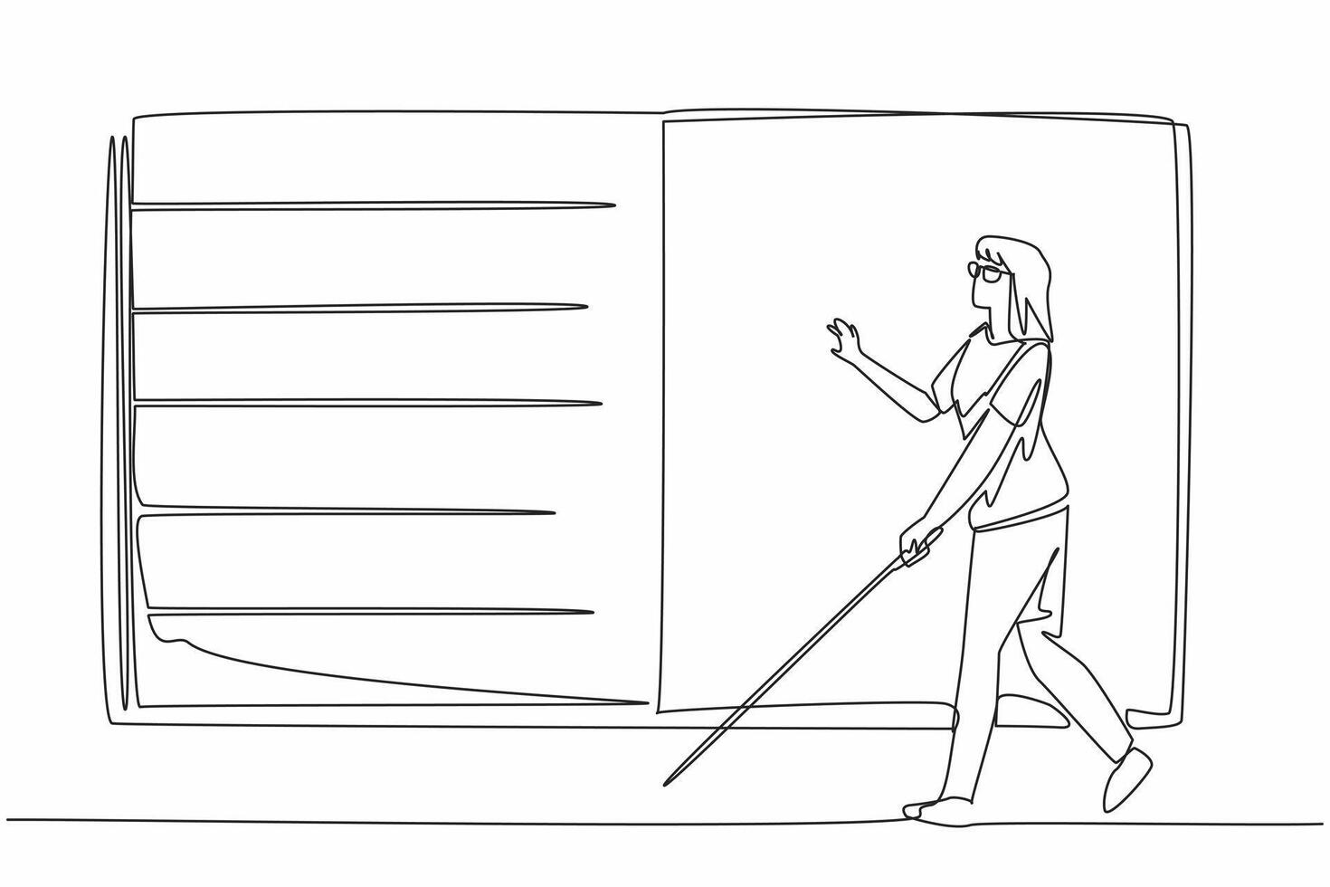 One line drawing of character woman walk by fingering huge braille books, trying to spell the words. Learn to read. International world braille day vector
