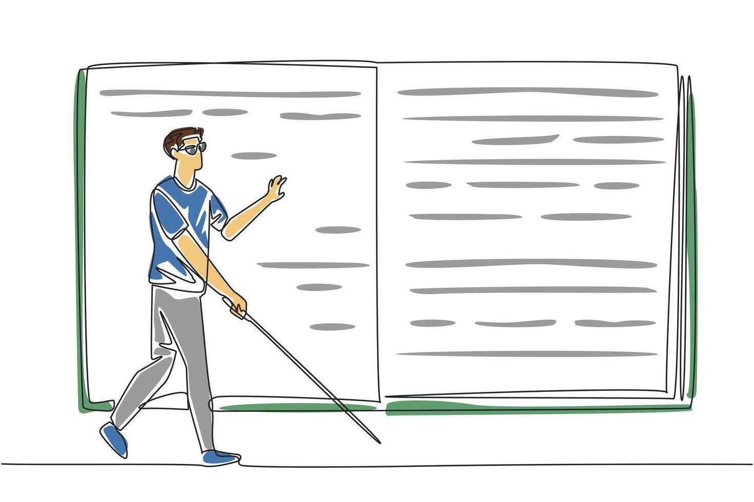 Single line drawing of character man walking with stick and touching a giant braille book, trying to read. World Braille Day event. Communication way vector