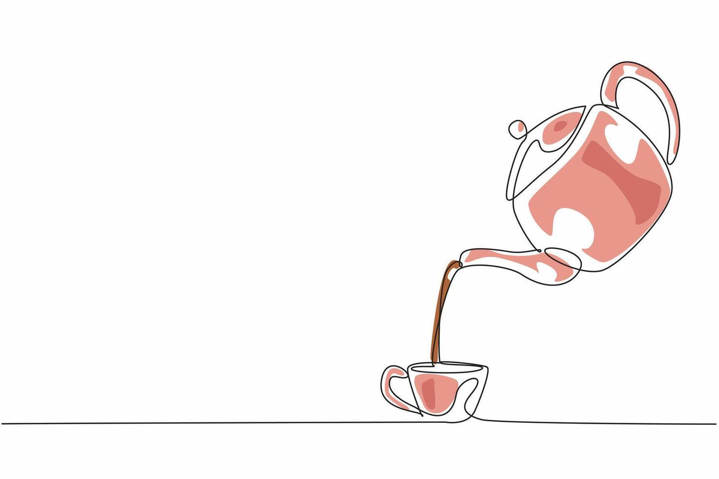 One line drawing of tea water poured from porcelain teapot into ceramic cup glass. Celebrating National Hot Tea Day event. Idea for poster and banner vector