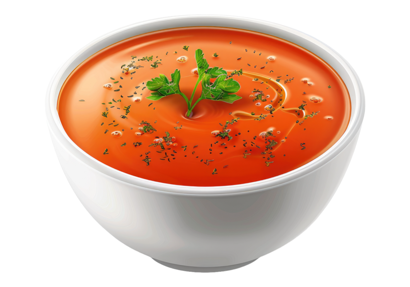 A bowl of tomato soup with a garnish png