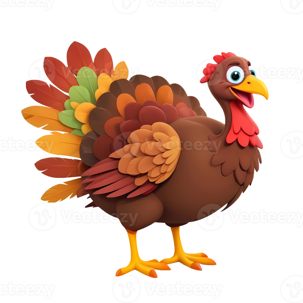 3d rendering turkey cartoon character with colorful feathers png