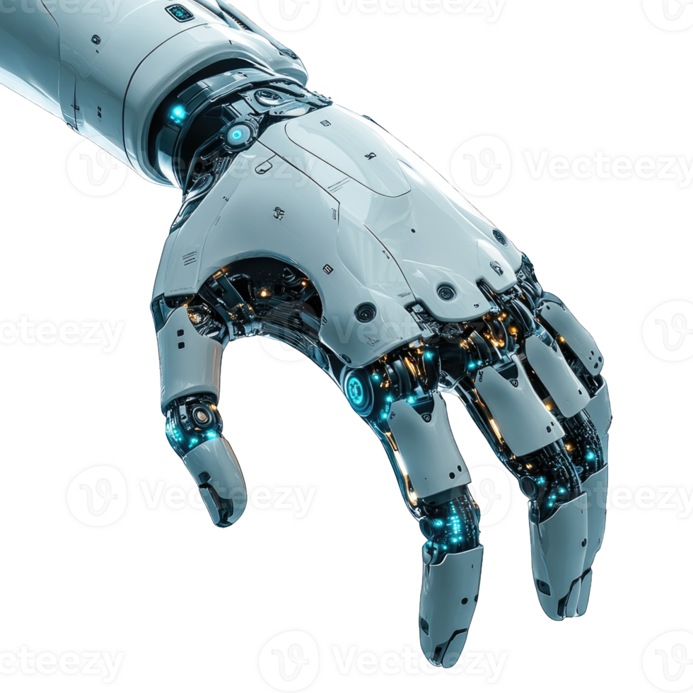 Realistic robotic hand with metallic design showcasing intricate details and glowing elements isolated on transparent background cutout png