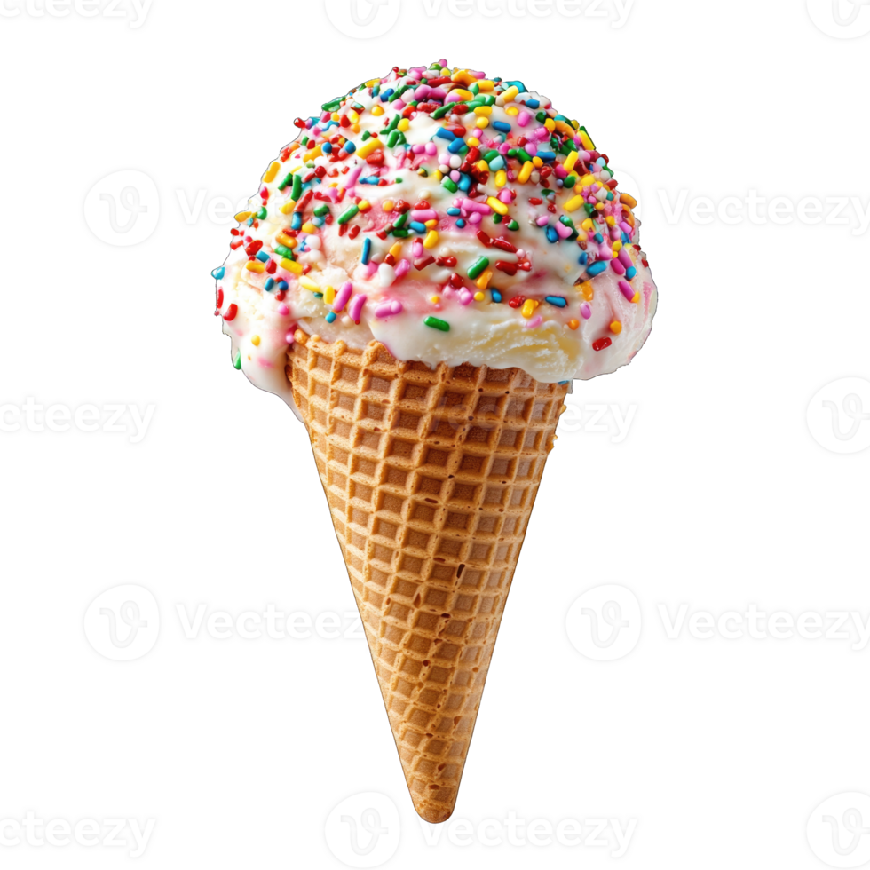 Colorful ice cream cone with sprinkles isolated on transparent background cutout png