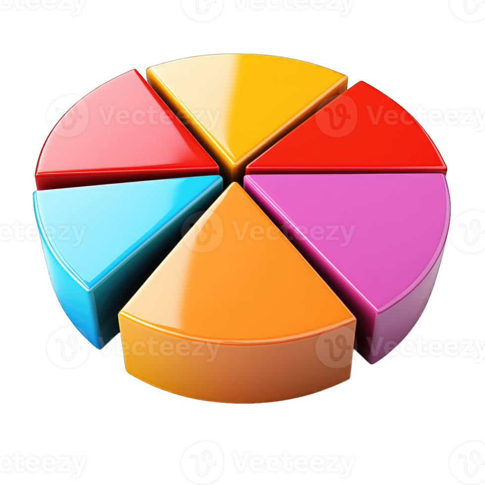 Colorful pie chart with six segments representing data on transparent background cutout png